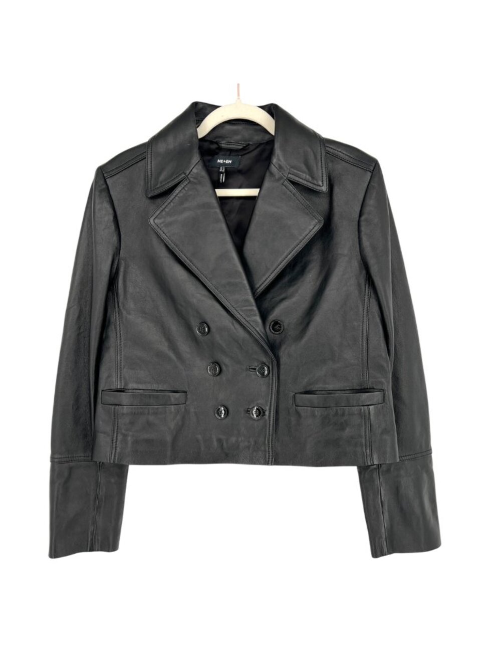 ME+EM Black Double Breasted Leather Jacket Cropped Structured Blazer Size 12